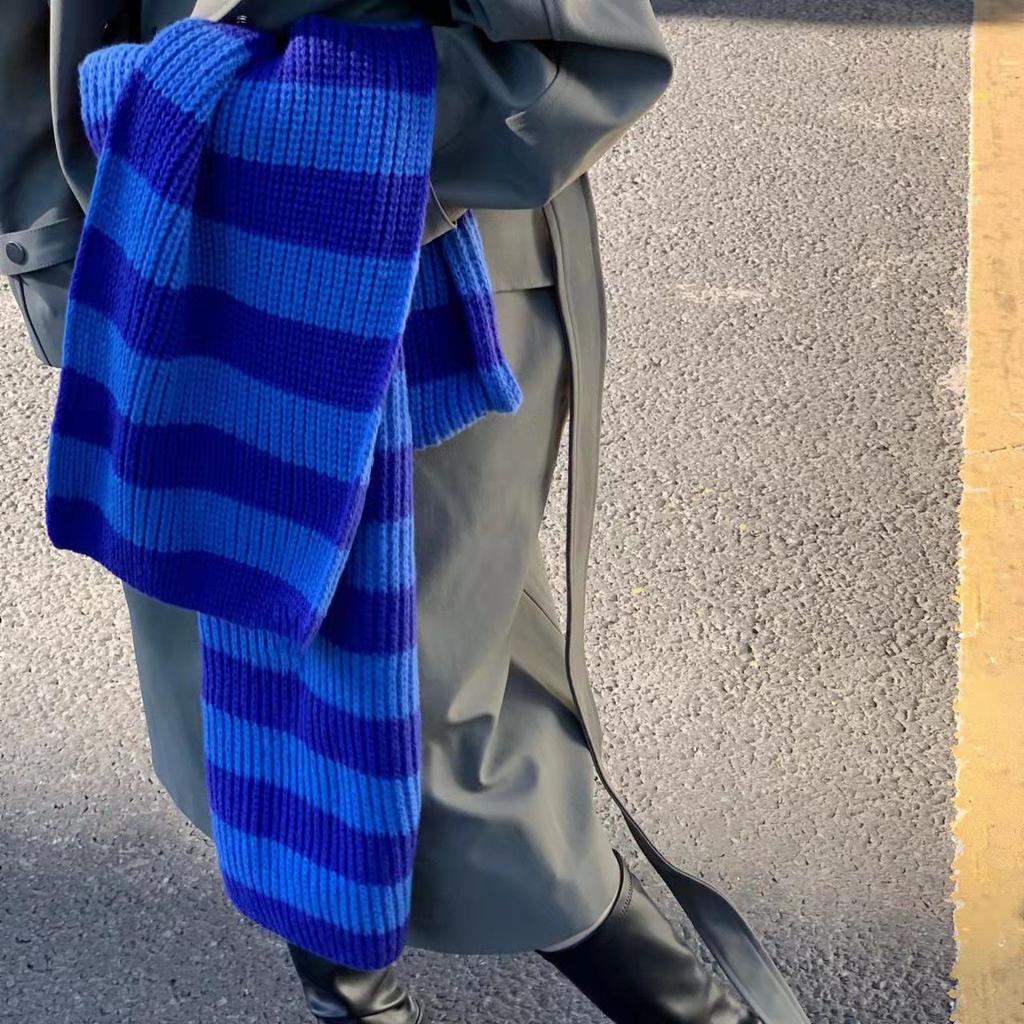 Women's Korean Style Blue Striped Knitted Scarf Autumn Winter Student Warm Versatile Neck-protecting Neck Warmer