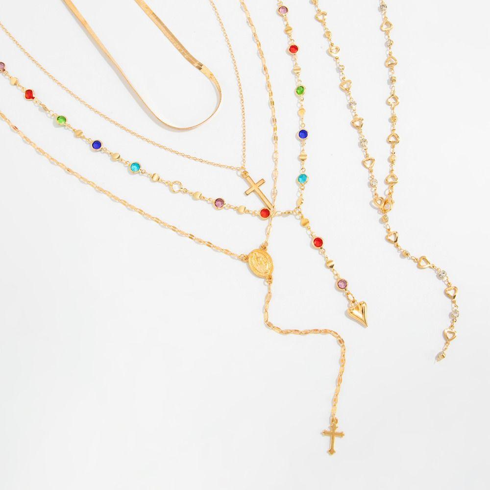Cross Colorful Crystal Necklace Set Y-Shaped Beads Chain Choker Sea Beach Jewelry