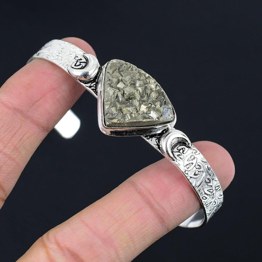 Womens day Sale Trillion Pyrite Druzy Stone Crescent Moon Wife Bangle 925 Silver