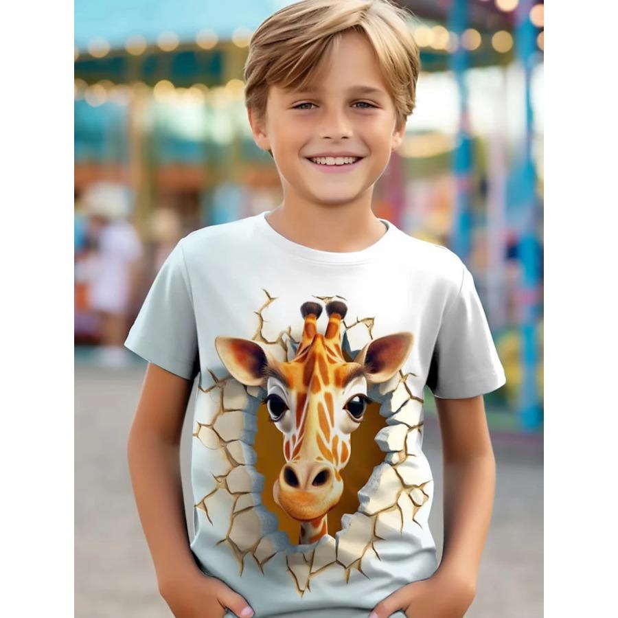 Новая детская футболка с 3D-принтом из мультфильма, симпатичная короткая футболка с круглым вырезом, футболка для мальчиков и девочек с короткими рукавами и 3D-принтом льва, жирафа, волка