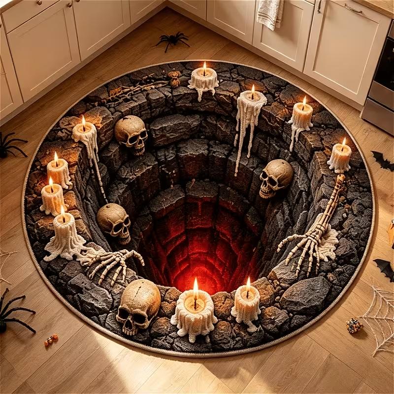 Хэллоуин Скелет Бездна 3D Оптическая Иллюзия Круглый Ковер, Спиральная Яма Скелет Расплавленная Свеча Принт, Домашний Декор Ковер