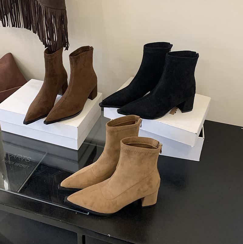 Остроносые короткие ботинки женские 2025 осень и зима новые женские ботинки толстый каблук короткие ботинки высокие каблуки нишевые ботинки замшевые тонкие ботинки