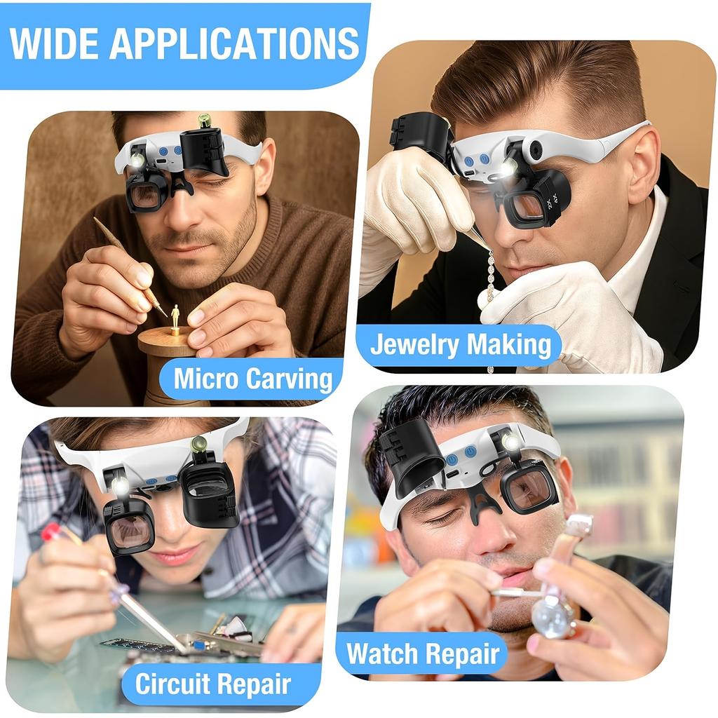 LED Magnifying Glasses That Can Be Worn on The Head, Along with a Mini Folding Magnifier, Come with a Storage Bag