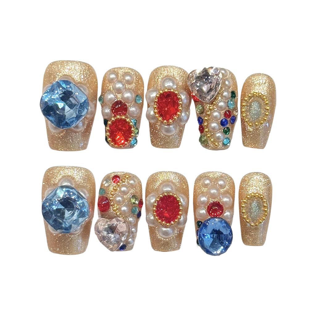 10Pcs Champagne Gold Cat-Eye Rhinestone Pearl Press On Nails Manicure Kit With Luxury Decor