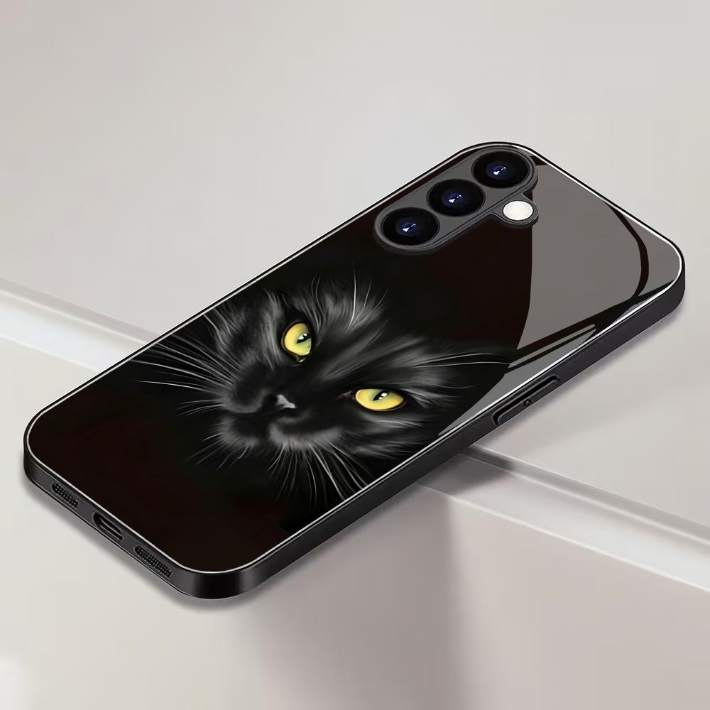 Черный стеклянный чехол для телефона с кошкой, подходящий для Samsung Galaxy S26 S25 S24 S23 S22 S20 FE/Ultra/Plus, противоударная задняя крышка