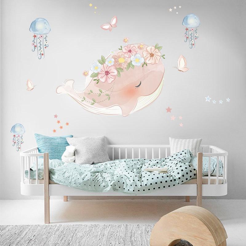 Новый милый розовый венок с китами, медуза, стикер на стену, детские комнаты, спальня, гостиная, украшения, фреска для домашнего декора, наклейки, обои