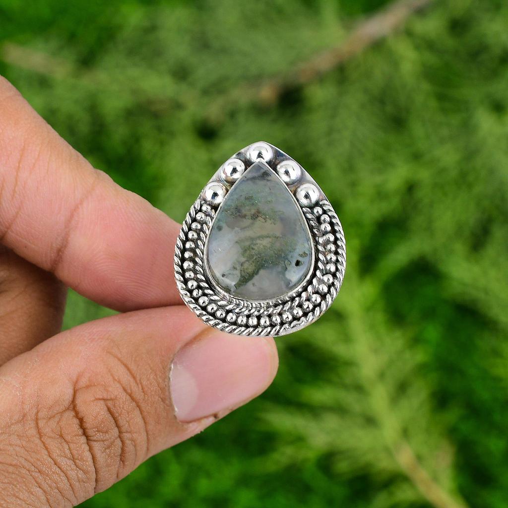 Солнечный Моховой Агат Камень 925 Стерлинговое Серебро Этническое Безель Солитер Кольцо Ювелирное Изделие