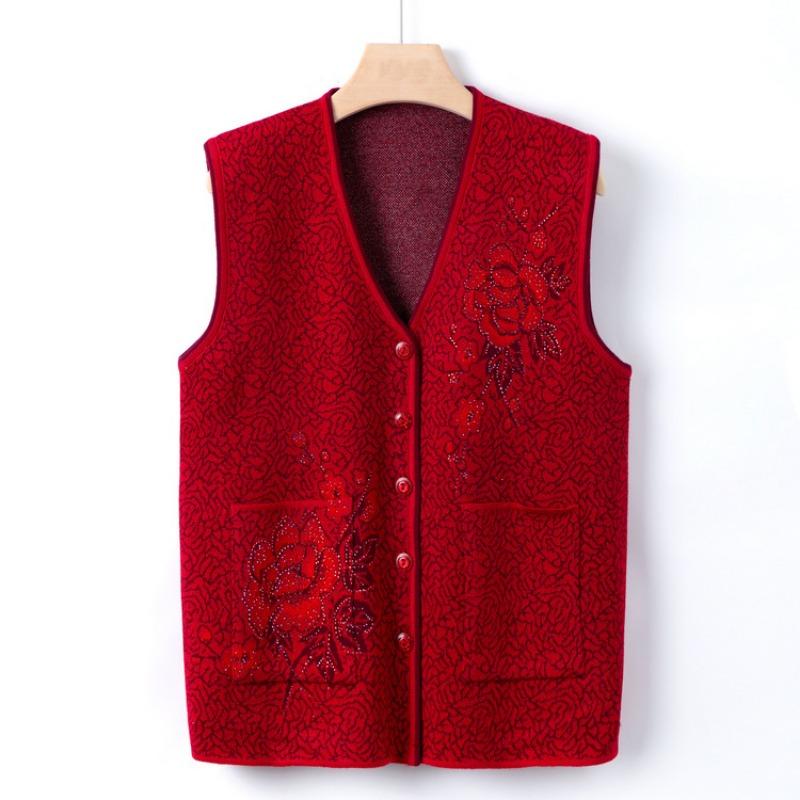 Grandma Clothing Autumn Thin Vest Women's Knitted Cardigan Vest Middle-aged Knitted Sweater Vest Jacket Mother Autumn Clothing