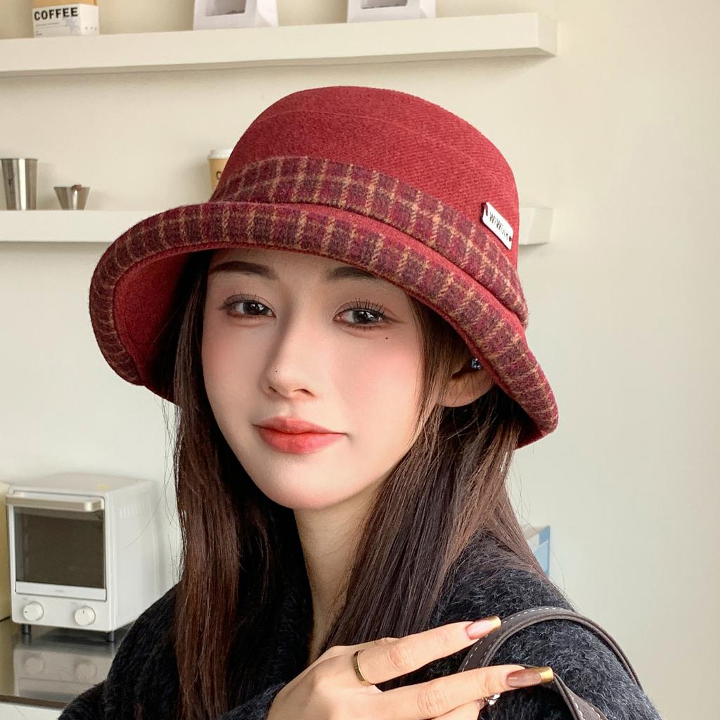 Retro plaid curled brim bucket hat women's autumn and winter thick fashion versatile sun hat shows a small face new basin hat