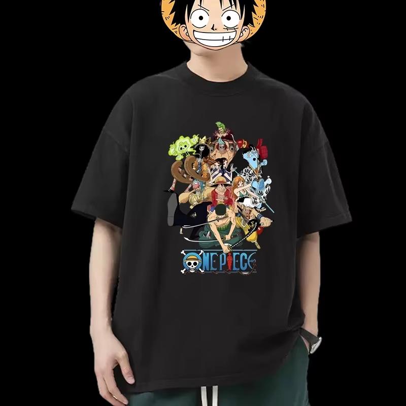 Bandai Genuine One Piece T-Shirt Cotton Short Sleeve Men's and Women's Loose Japanese Animation Luffy Straw Hat Short Sleeve