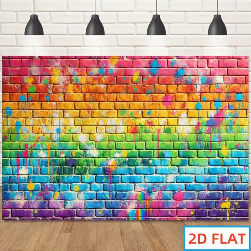 2D Colorful Graffiti Tapestry, Rainbow Brick Wall with Paint Splatter Wall Hanging