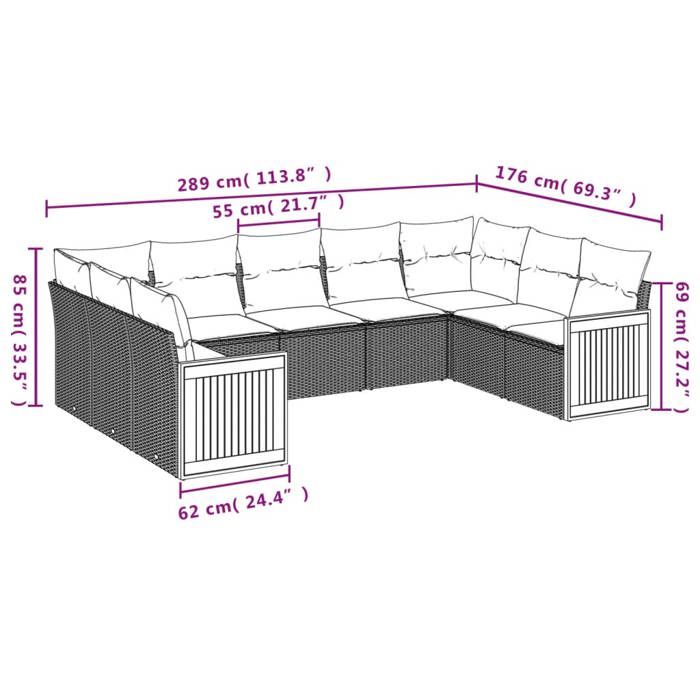VidaXL Salon de Jardin avec Coussins 9 pcs, Canapés de Terrasse, Ensemble de Meubles de Patio, Mobilier d'Extérieur, Noir 3227953