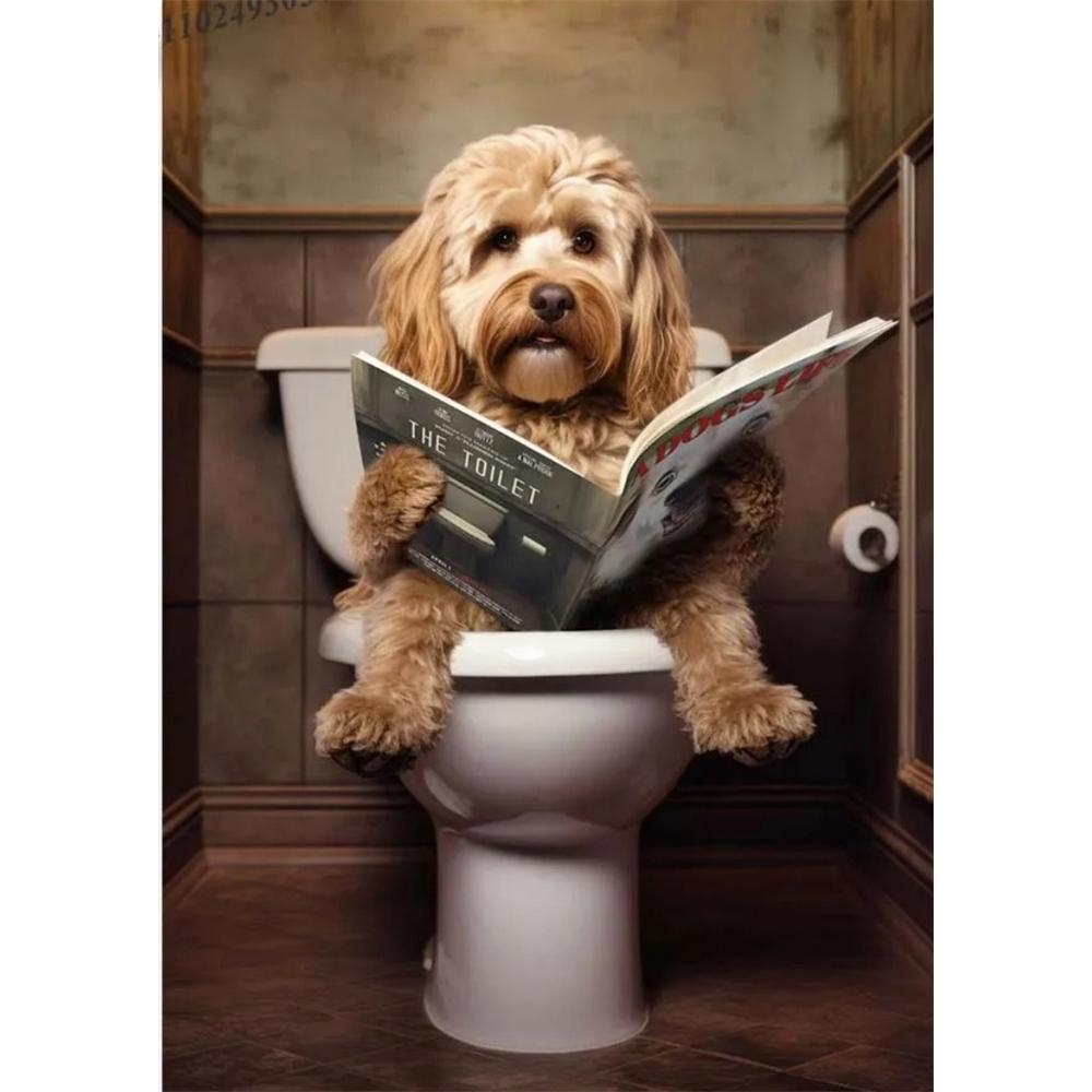 Собака сидит на унитазе и читает газету 5D DIY Алмазная живопись Вышивка крестом Полная выкладка Круглая вышивка Домашний декор Подарки