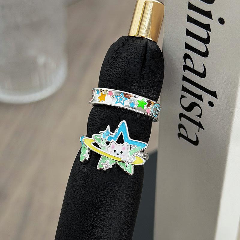 Sweet Sister, Childlike Fun, Colorful Stars, Cat Planet, Enamel Color, Open Ring, Niche Stacking, Wearing High-End Rings, Woman