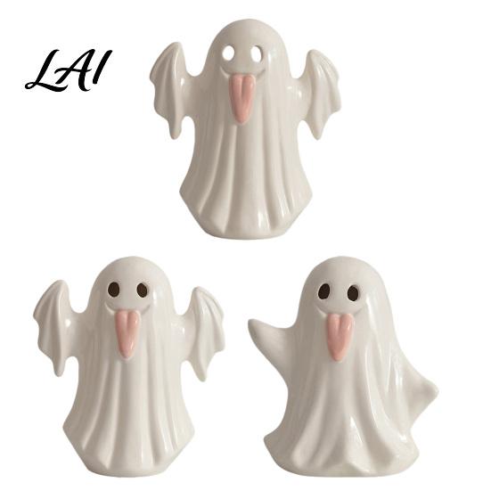 Small Ghost Figurine Vase Light Up Ceramic Figurines for Halloween Decor Cute White Statue Decorative Sculpture with Pink Tongue LED Night