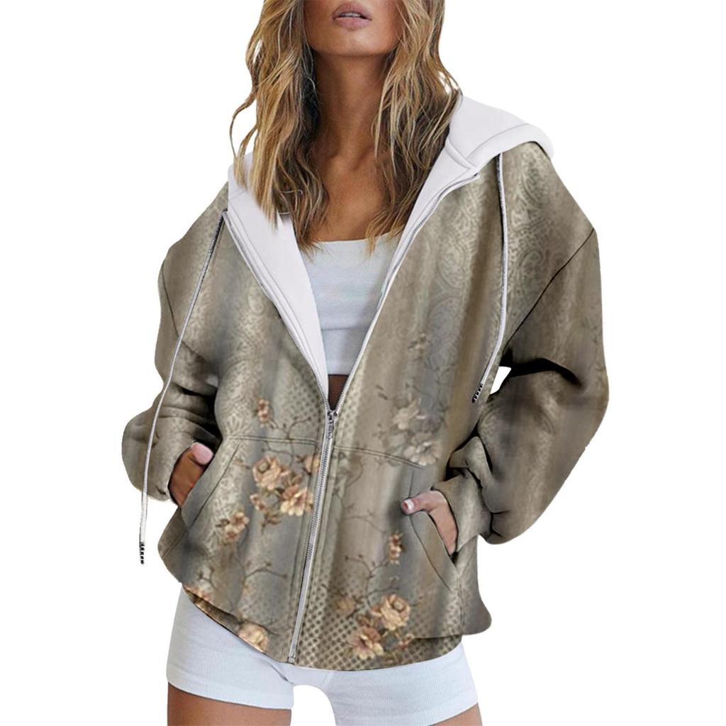 Зимняя толстовка с капюшоном с принтом, спортивная одежда, пальто для женщин, толстовки с капюшоном на молнии и 3D-карманом, осенняя женская одежда