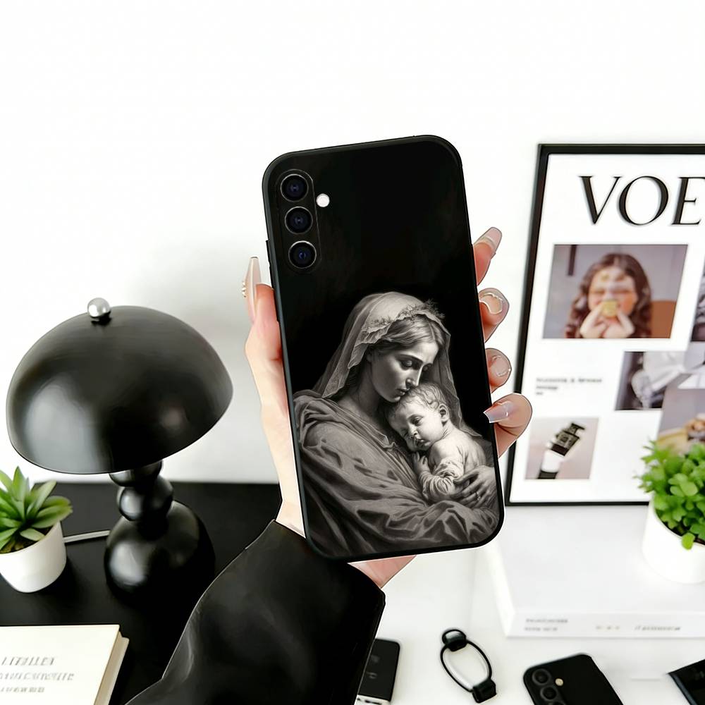 V-Virgin Mary Celestial Grace Phone Case Black Silicone Soft For Samsung Galaxy A73,A72,A71,A70,A53,A52,A51