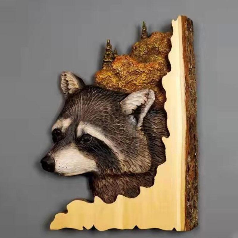 Animal Carving Handcraft Wall Hanging Sculpture Wood Raccoon Bear Deer Hand Painted Home Living Room Decoration Fast Shipping