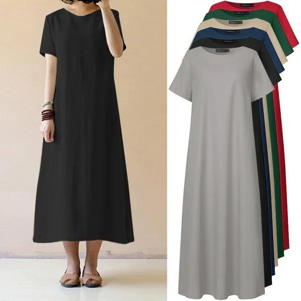 New Women's Summer Short-sleeved Tunic Solid Color Casual Loose Party Long Dress