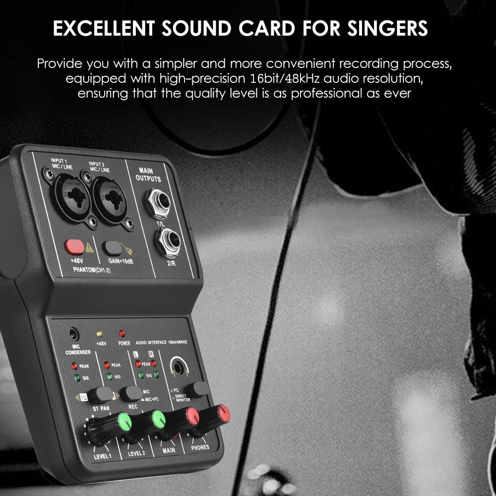 Аудиоинтерфейс Профессиональная звуковая карта для записи 16 бит/48 кГц Мини USB аудиоинтерфейс Звуковая карта 2 входа и 2 выхода с фантомным питанием 48 В USB-B кабель