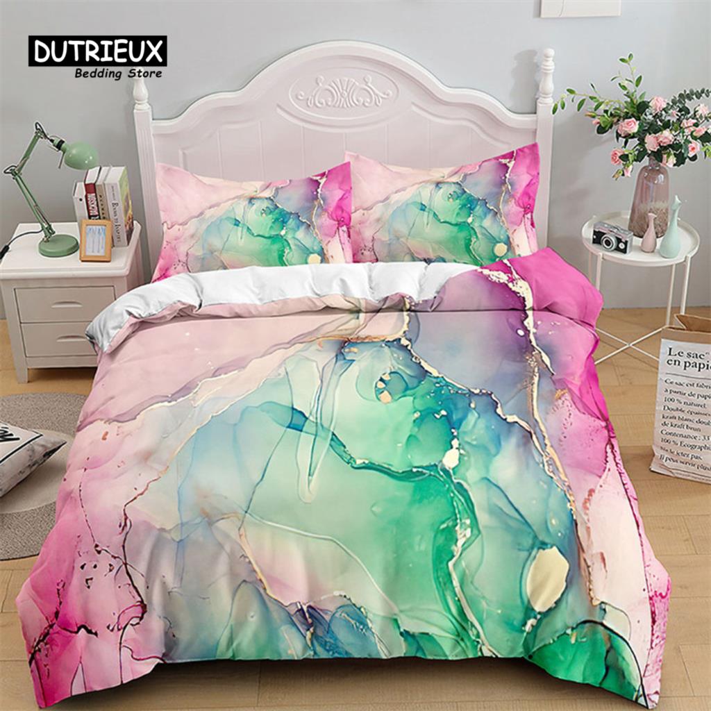 Colorful Marble Duvet Cover Abstract Geometric Bedding Set King Queen For Adults Kids Bedroom Decor Microfiber Comforter Cover