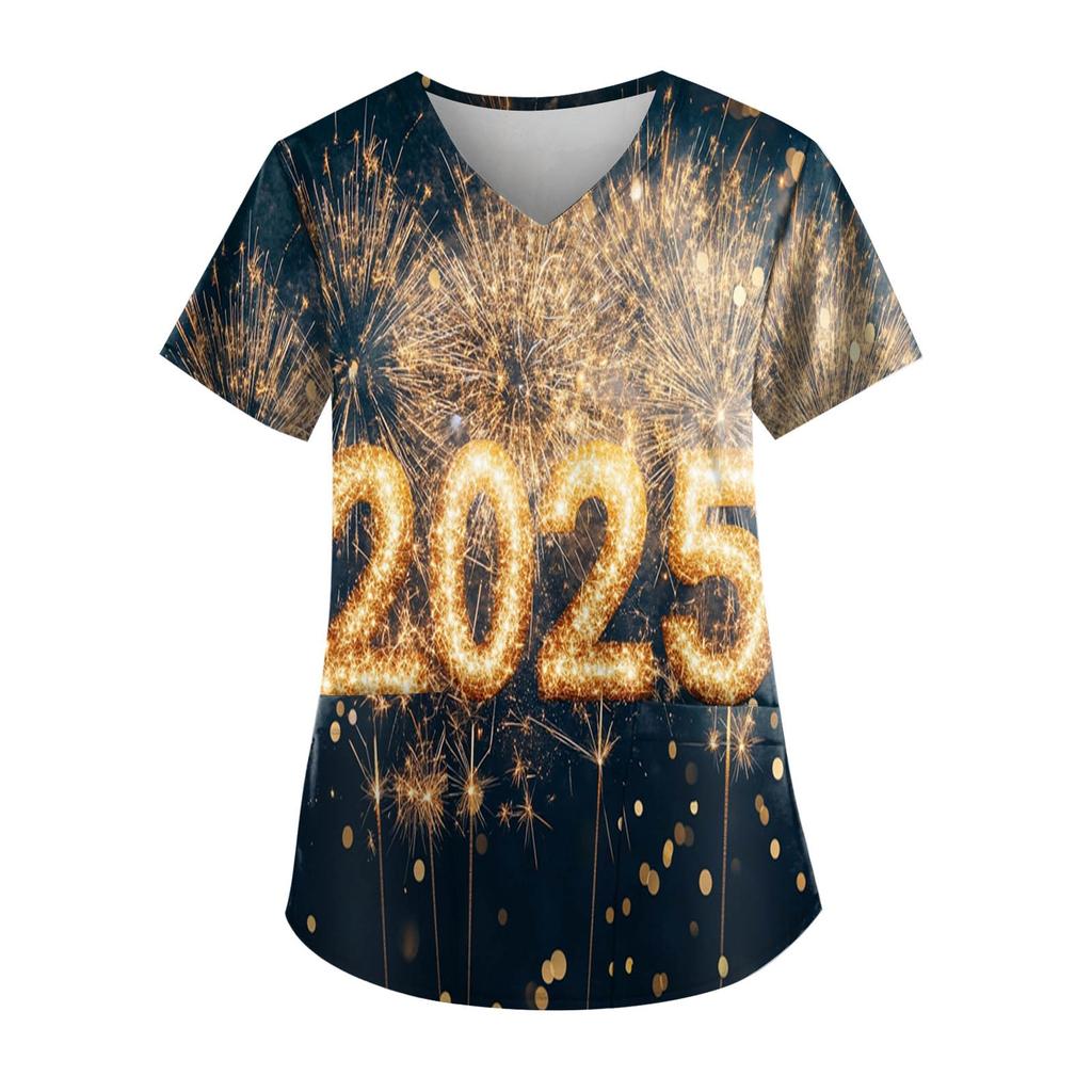 Women's Fashion New Year Printed Short Sleeve V-Neck Top Small Pocket Work T-Shirt