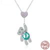S925 100% Sterling Silver Pink CZ Heart And Cute Bear Animal Pendant Necklaces for Women Silver Jewelry Gift