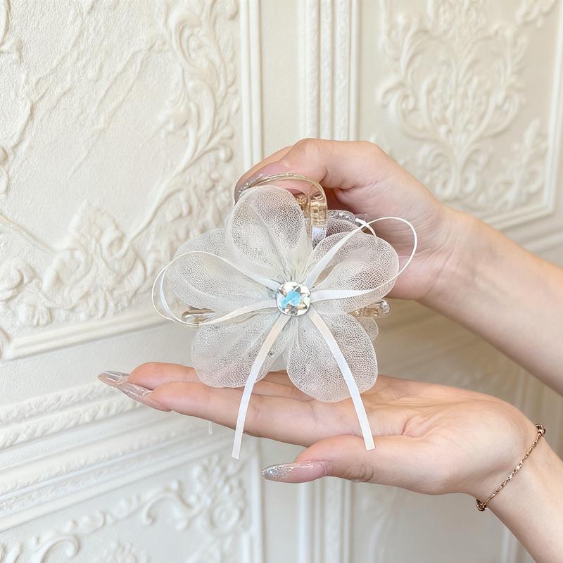 Diamond Sparkle Bow Flower Hair Clip - Women's High Ponytail & Bun Fixing Accessory