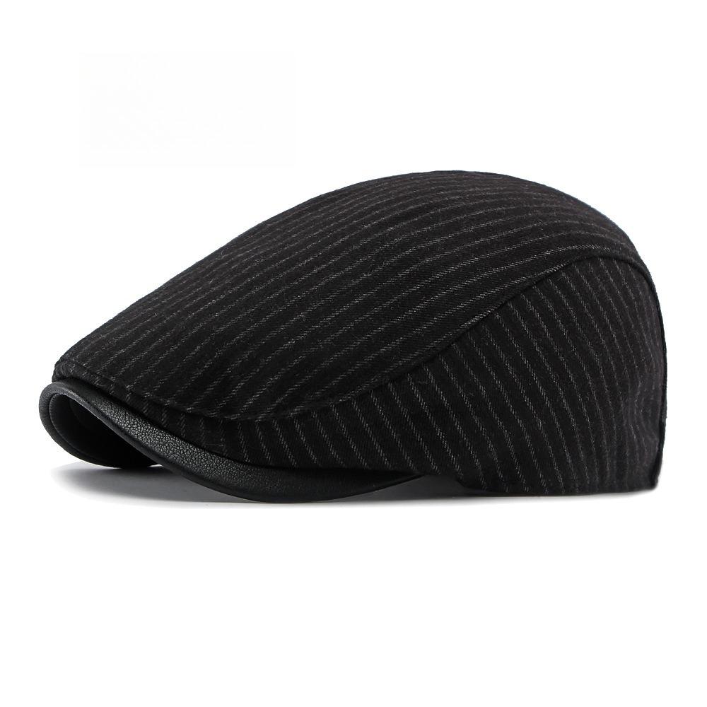 Japanese Style Pinstripe Flat Cap, PU Leather Brim Newsboy Hat, Vintage Casual Duckbill Beret for Men and Women