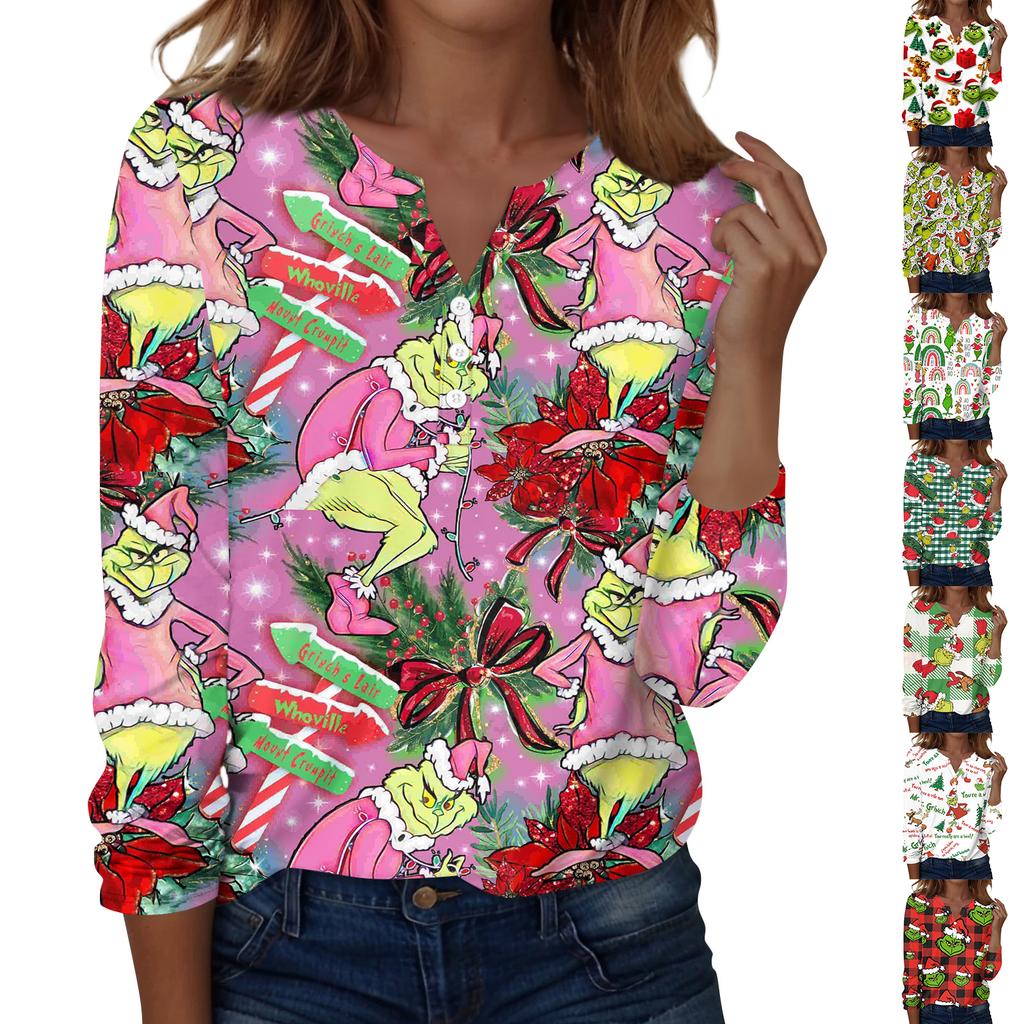 Women's Fashion Casual V-Neck Long Sleeve Decorative Button Christmas Print Top