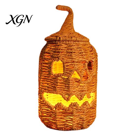 Handmade Fall Decor Handwoven Halloween Pumpkin Basket, Spooky Candy Storage Basket with Lid, Vintage Wicker LED Lantern for Light Up Candle