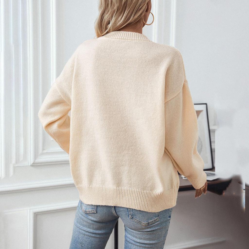 Autumn Winter Vintage Loose Long Sleeve Top Print Cardigan Knitwear O-Neck Sweater