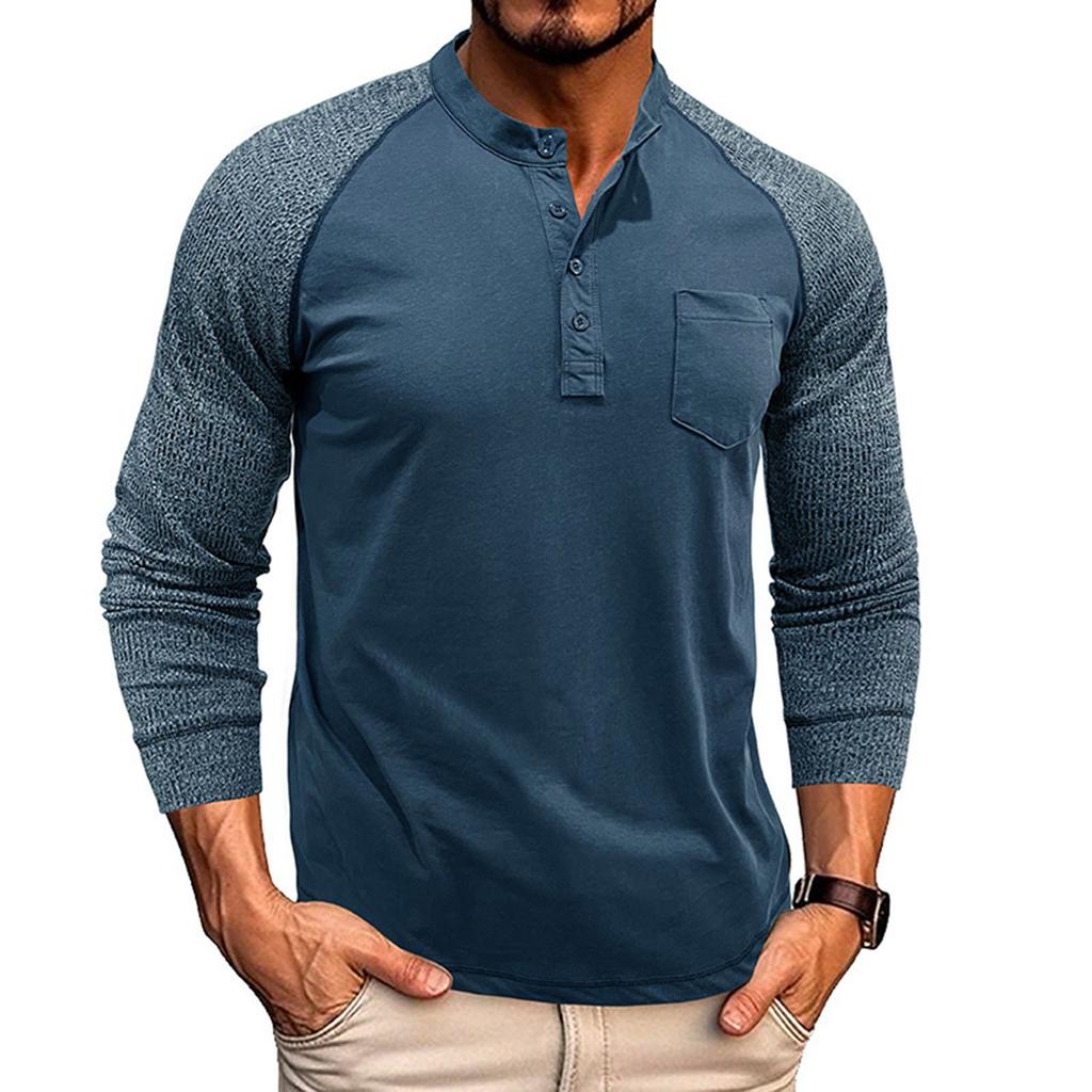 Мужская футболка с воротником Henry Collar весна-осень, модная контрастная футболка с длинным рукавом, повседневные футболки с длинным рукавом, топы