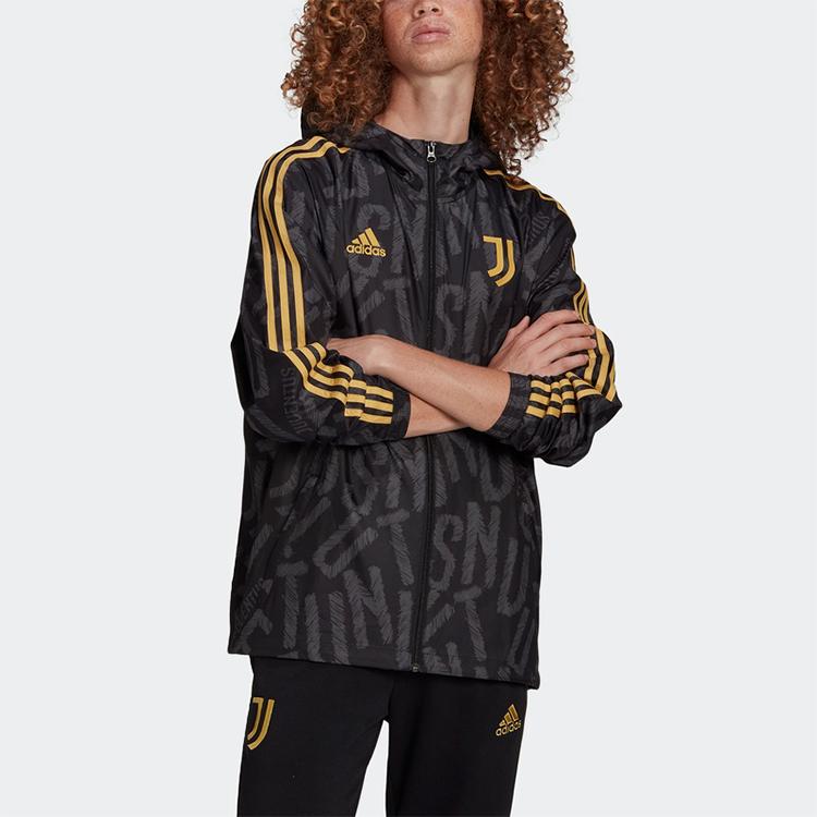 Adidas Juventus Soccer Sport Hooded Windbreaker Jacket Men Outerwear Black FR4220