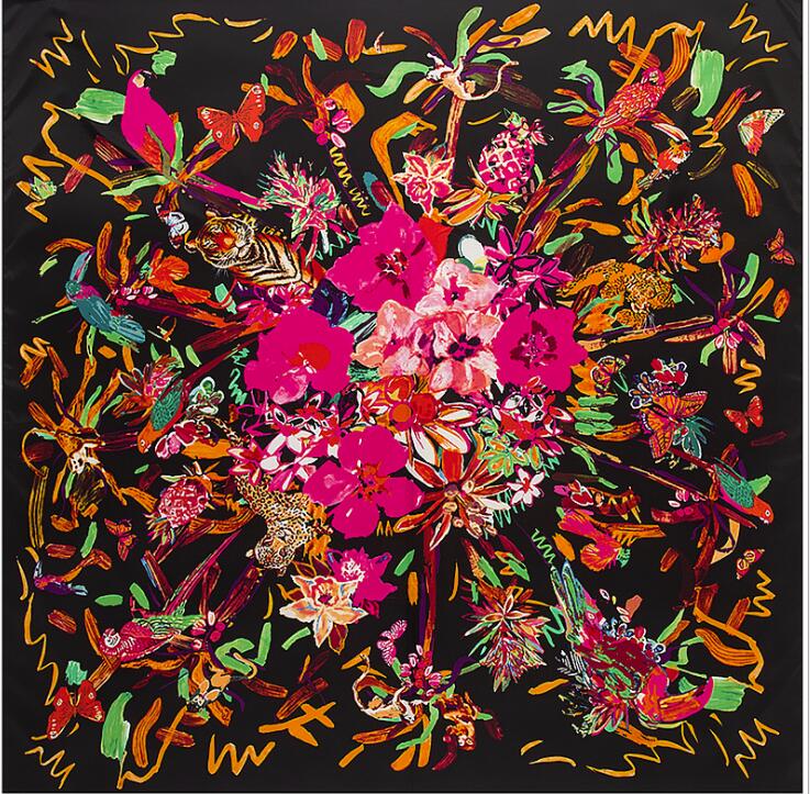 New Luxury Brand Design Sago Cycas Palm Tree Winter Square Scarf 130cm Twill Silk Scarf Women Kerchief Scarves For Ladies