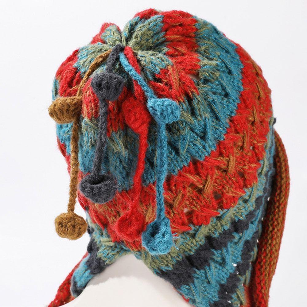 Красочная шапка-бини с кисточкой и защитой ушей, милая вязаная шапка