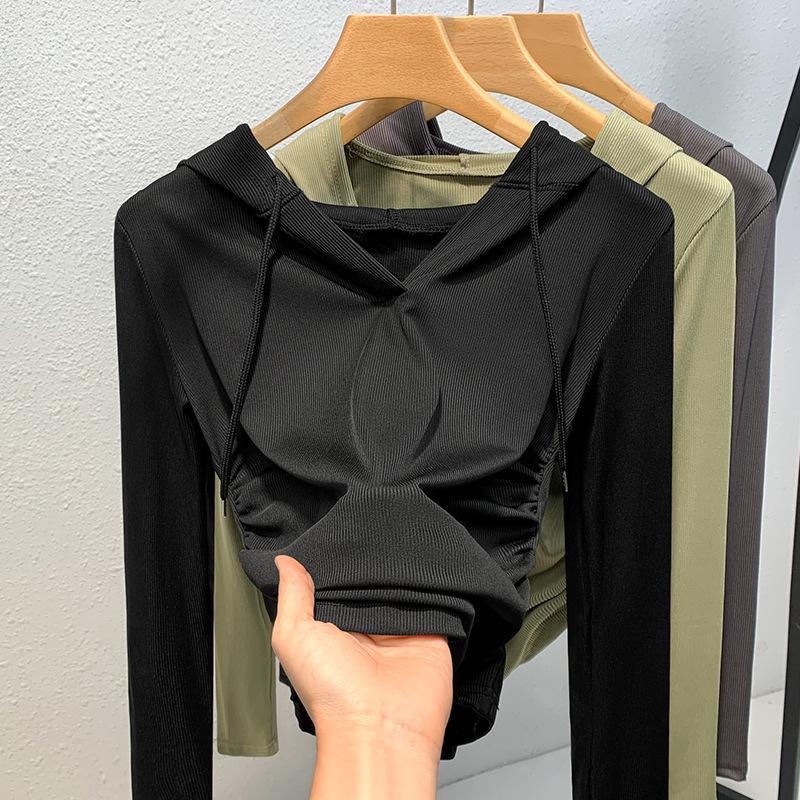 Женская осенне-зимняя толстовка с капюшоном, длинными рукавами, тонким дном и складками на талии