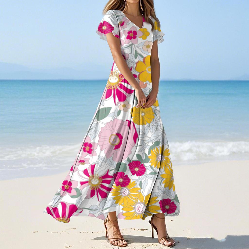 Женские летние повседневные модные платья с цветочным принтом, платья с V-образным вырезом и коротким рукавом