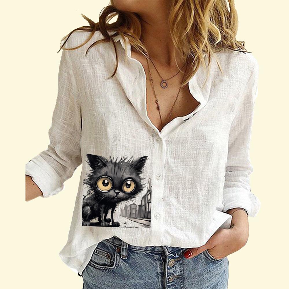 Женская модная рубашка на пуговицах, повседневная, тонкая, с длинным рукавом, женская рубашка из хлопка и льна с принтом кота