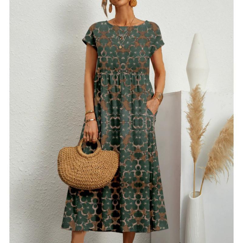 Cotton Linen Floral Print Summer Dress With Round Neck For Women