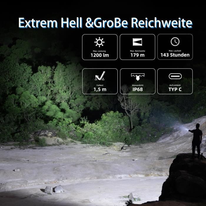 Lampe Torche - WUBEN - C3 - 1200 Lumens - Rechargeable USB - Étanche IP68
