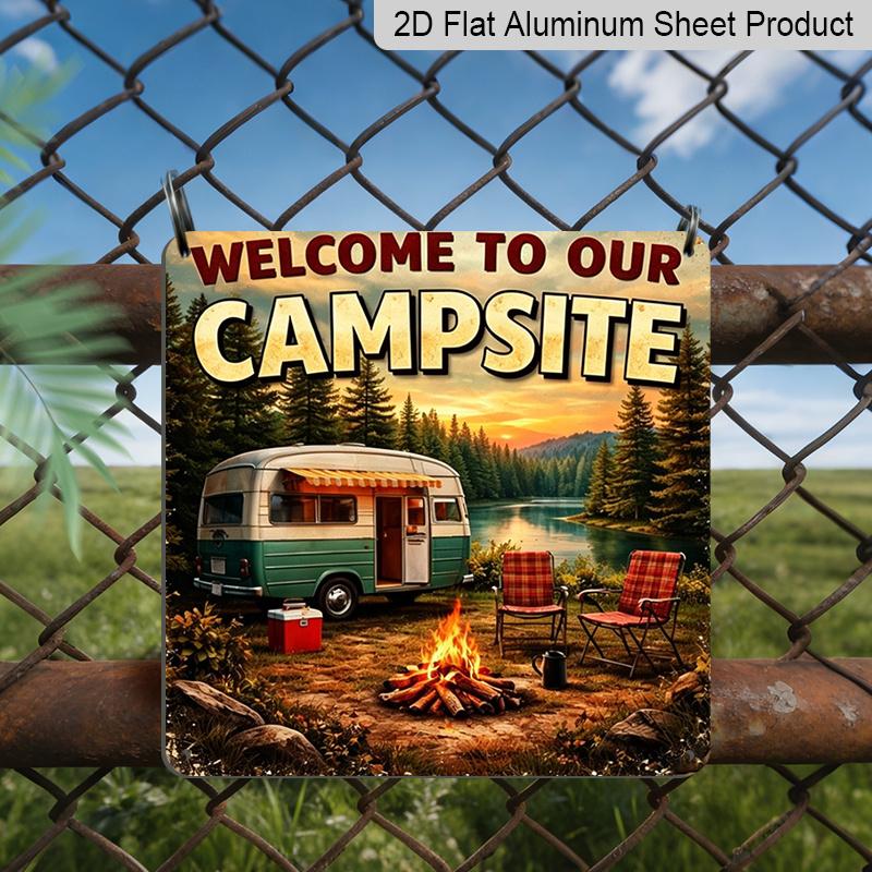 2D Flat, 1pc Vintage Metal Camp Sign - Rustic "Welcome To Our Campsite" Wall Decor Plaque Suitable for Outdoor Use, Cabin, RV, Entrance - Camping