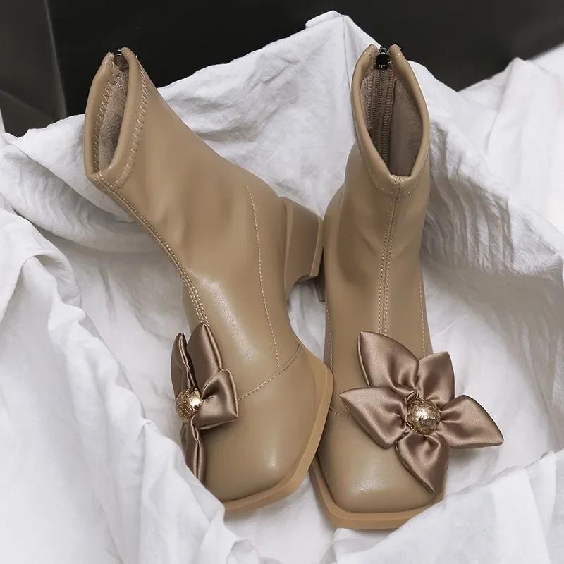 Модная обувь для женщин 2024 года, модные женские ботинки на молнии, зимние, с квадратным носком, с цветами, однотонные, короткие, на толстом каблуке, ботинки Zapatos Mujer