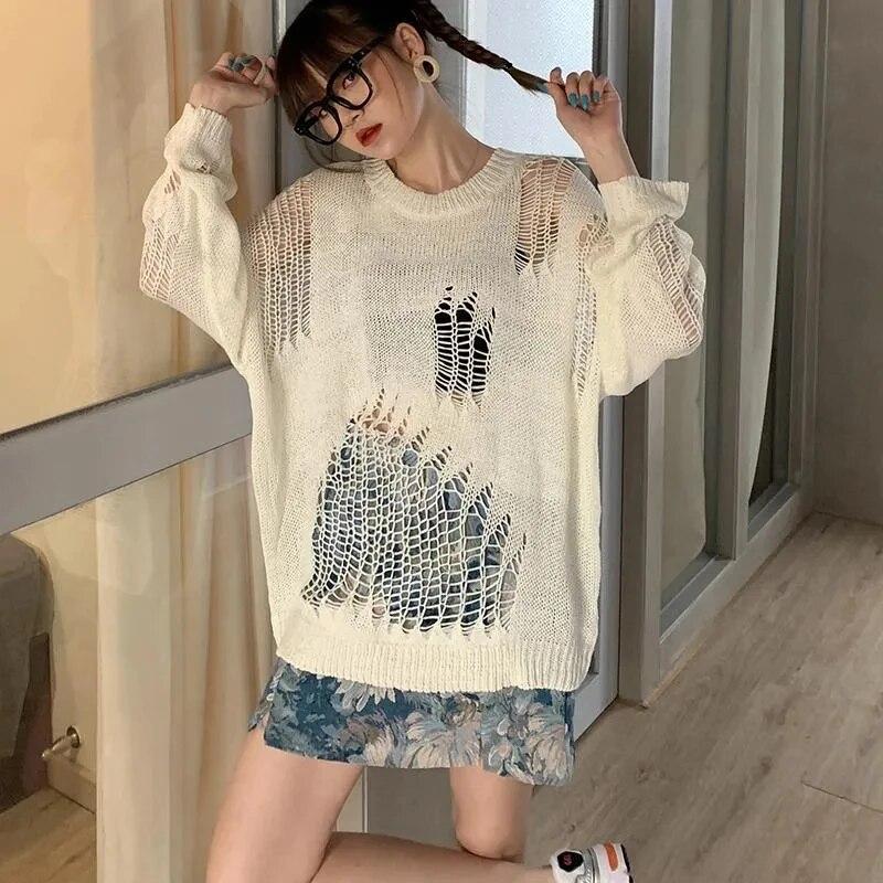 Черный полый вязаный свитер с неровными отверстиями, женский тонкий пуловер с круглым вырезом, сладкий джемпер с длинными рукавами, новая модная осенняя уличная одежда