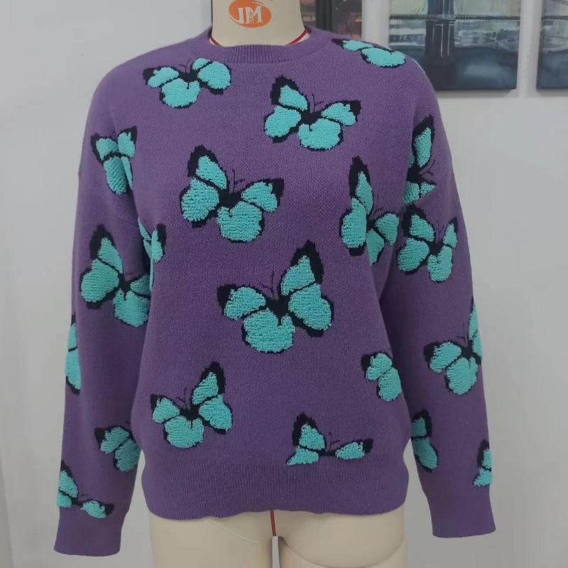 IHUASU Winter Printed Butterfly O-Neck Women's Loose Plus Size Knitwear Pullover Sweater