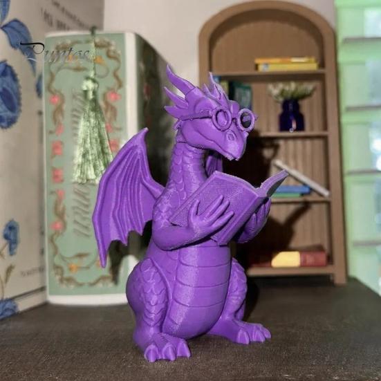 Collectible Dragon Ornament Reading Figurine with Glasses, Statue, 3D Printed Statue Bookshelf Decor, Whimsical Desktop Ornament, Gift for Book Lovers