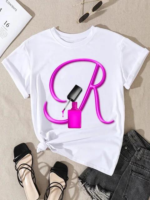 Summer Women's Short Sleeve T-shirt Dazzle Nail Polish Letter Print Large Size Shirt Fashion Girl Crewneck Tshirt Aesthetic Tee