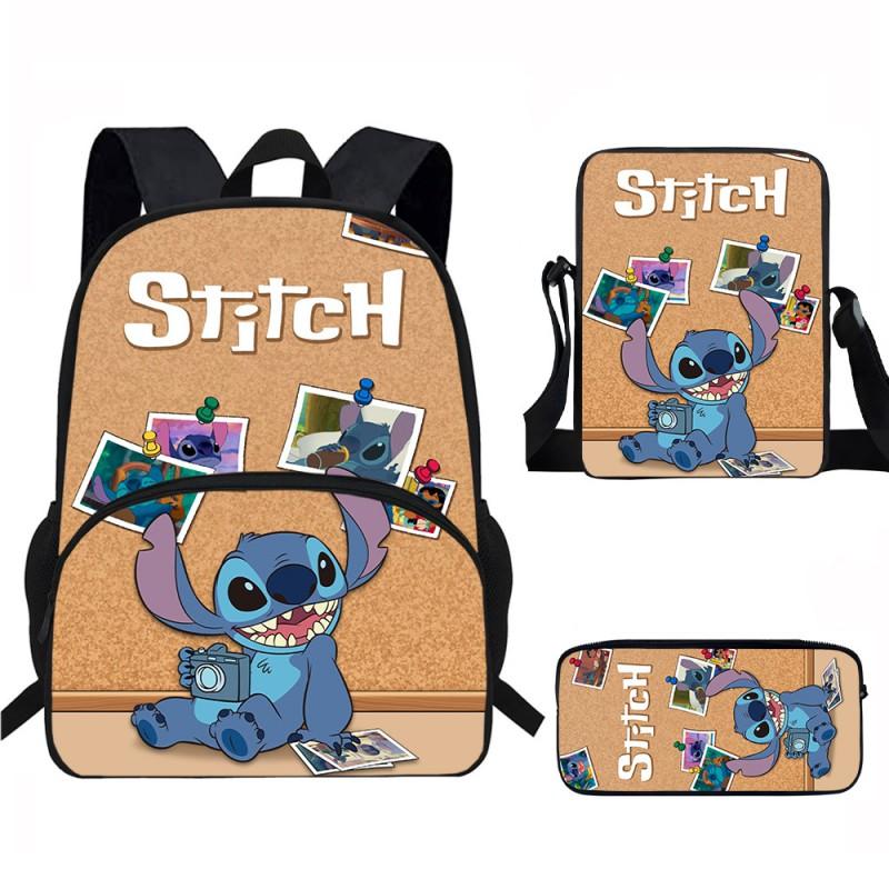 Stitch Kids School Backpack Set Elementary Students Oxford Fabric Ergonomic Design Printed Cartoon 3-Piece Bundle