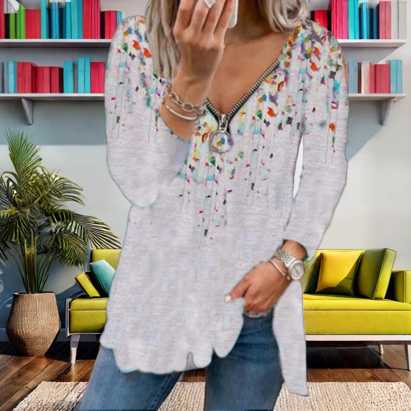 Tooxika Новая свободная футболка с V-образным вырезом и принтом, застежка-молния, цветочный топ с длинными рукавами для женщин