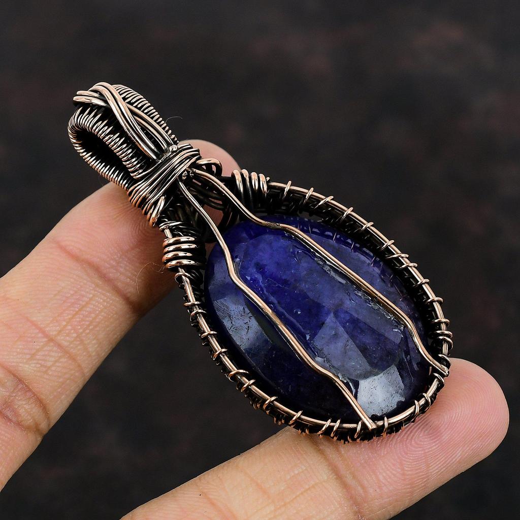 Faceted Blue Sapphire Pendant Copper Wire Wrapped Gemstone Pendant Copper Jewelry Handmade Pendant Designer Jewelry For Gift Stylish Pendant